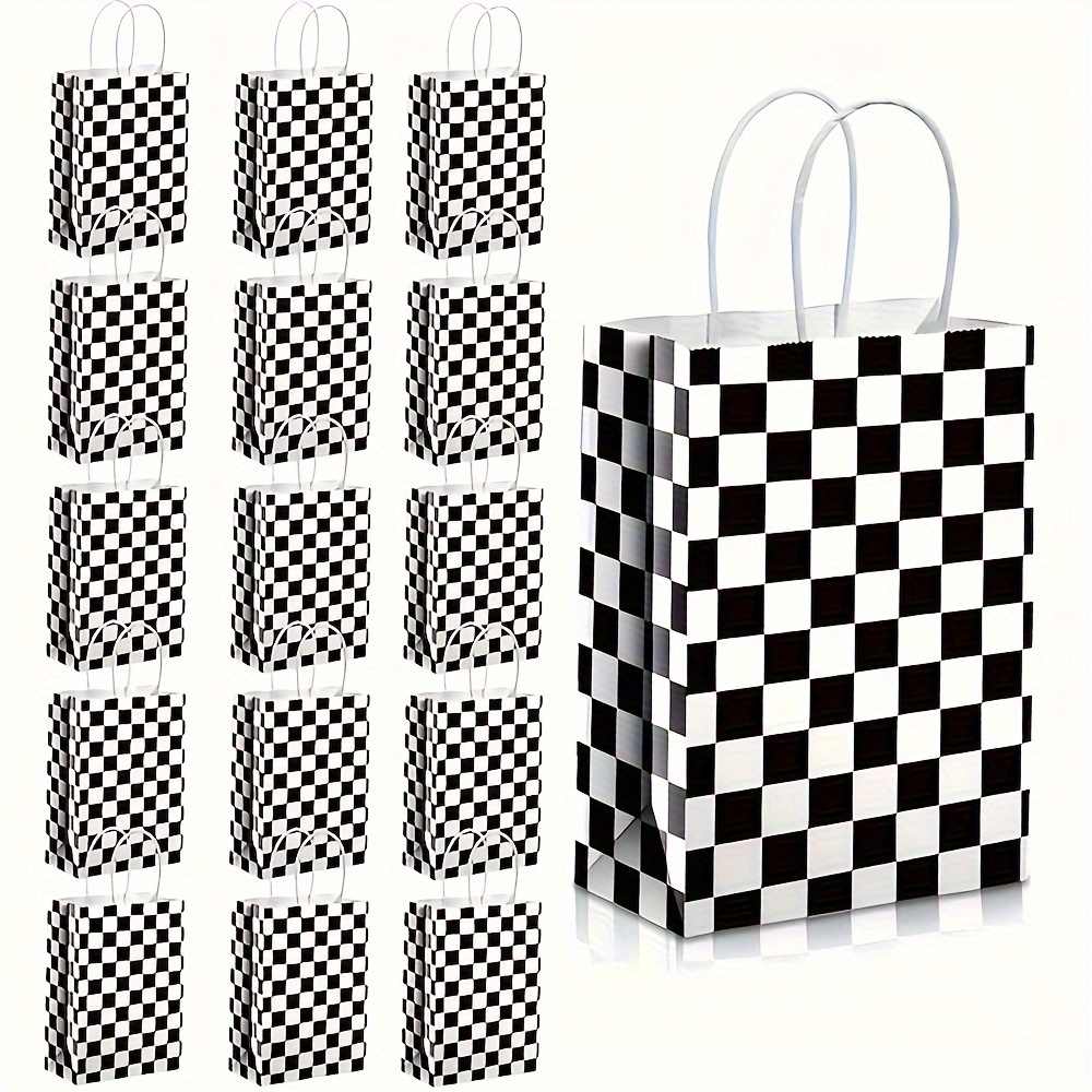 

16pieces Checkered Flag Treat Bags Black And Whit Gift Paper Bag With Handle Racing Car Treat Bags Candy Goodies Bags For Race Car Party Decoration Birthday Shower Party Supplies