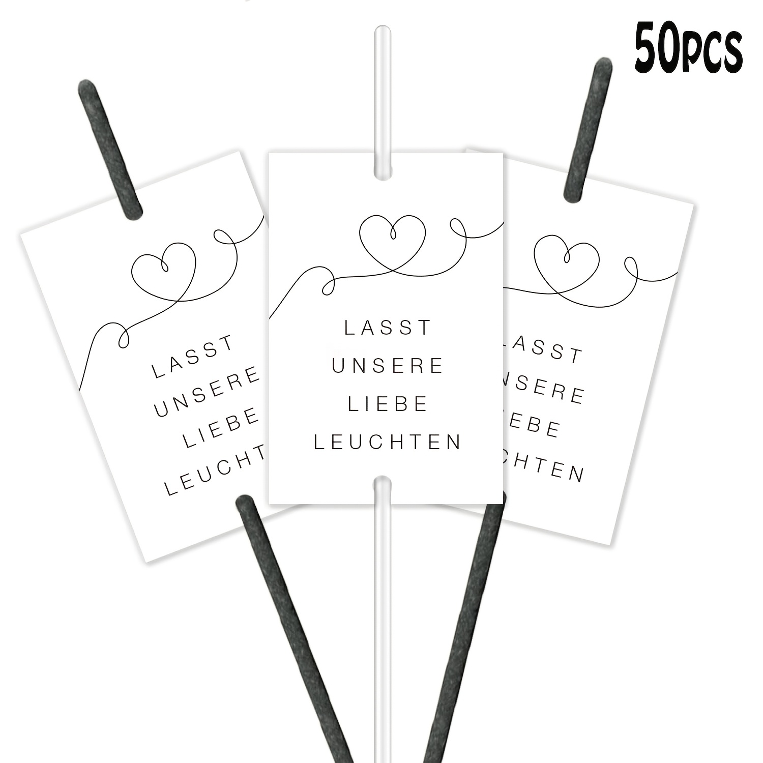 Image of 50 Sheets/pack, German Wedding Label Card, "lasst Unsere Liebe Leuchten" "let Shine", Classic Short Of Wedding Romantic , With And White Line Heart Pattern, Wedding Decoration Label