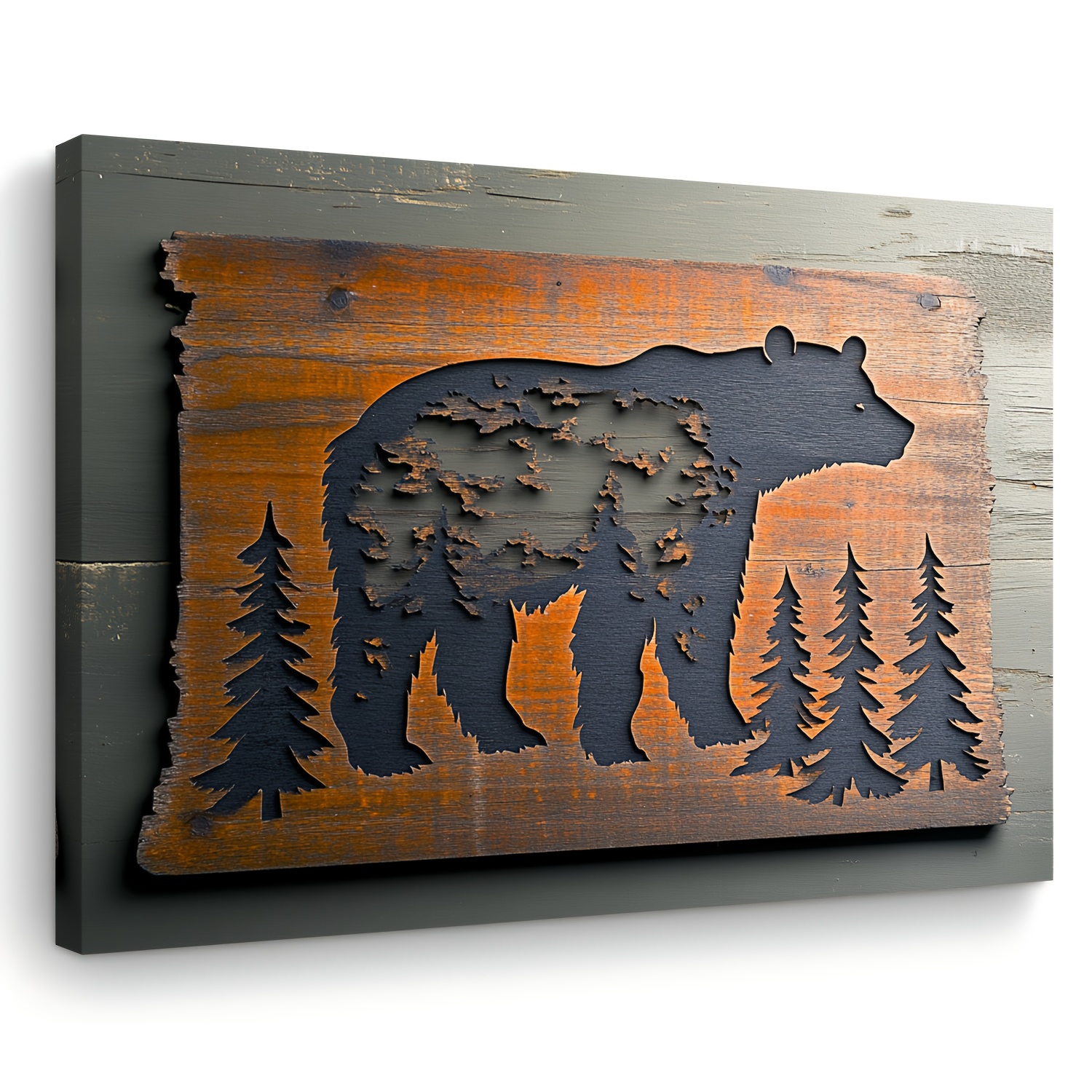 

Room Decor 1pc Rustic Wooden Bear Silhouette With Pine Trees, Woven Canvas Print For Decor, Bachelor Party Gift, 11.8"x15.7