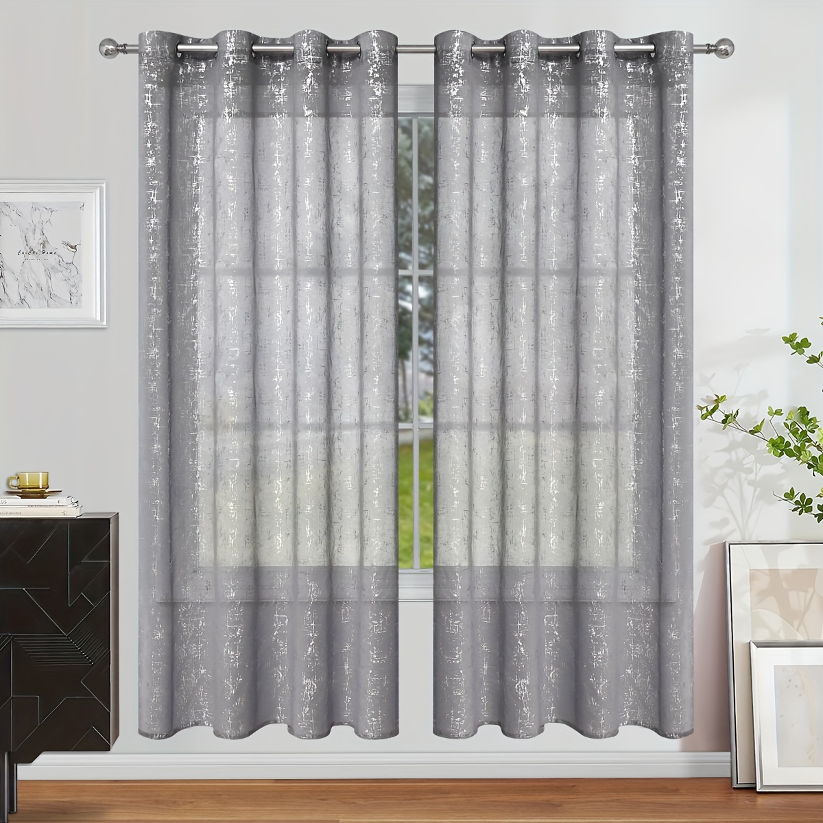 2pcs Silvery-hot Semi-blackout Perforated Curtains, Suitable For Living Room And Bedroom Window Sheer And Decoration