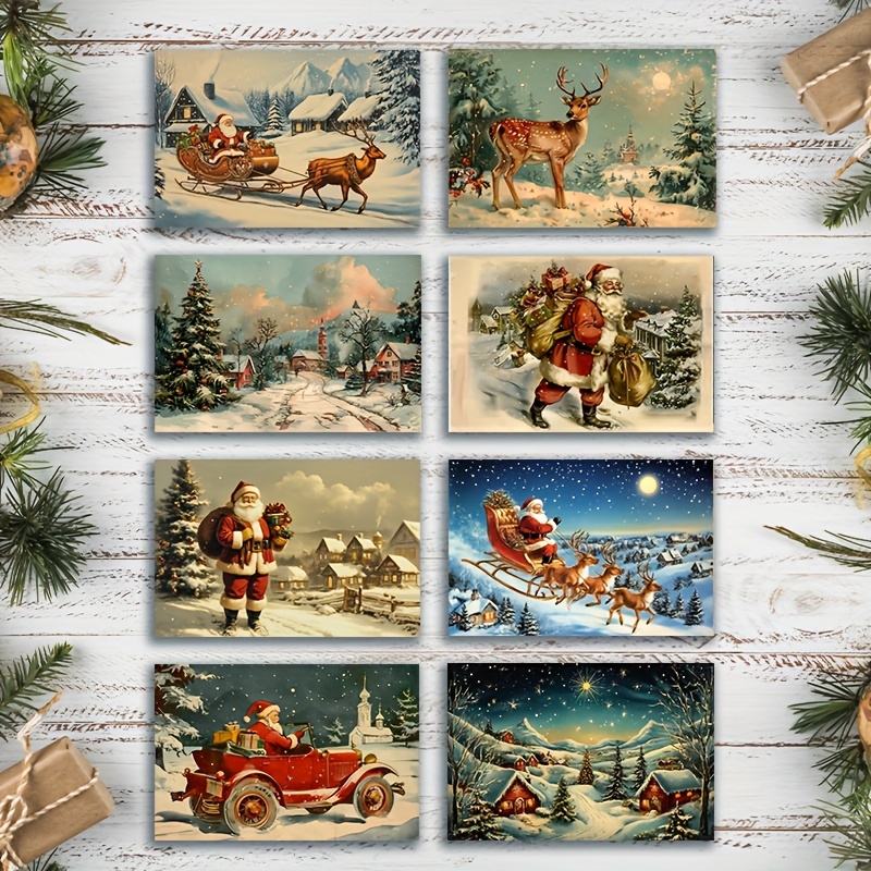 

8-pack Vintage Christmas Greeting Cards, Cartoon Santa Claus & Holiday , Laser Cut, English Text, Christmas &