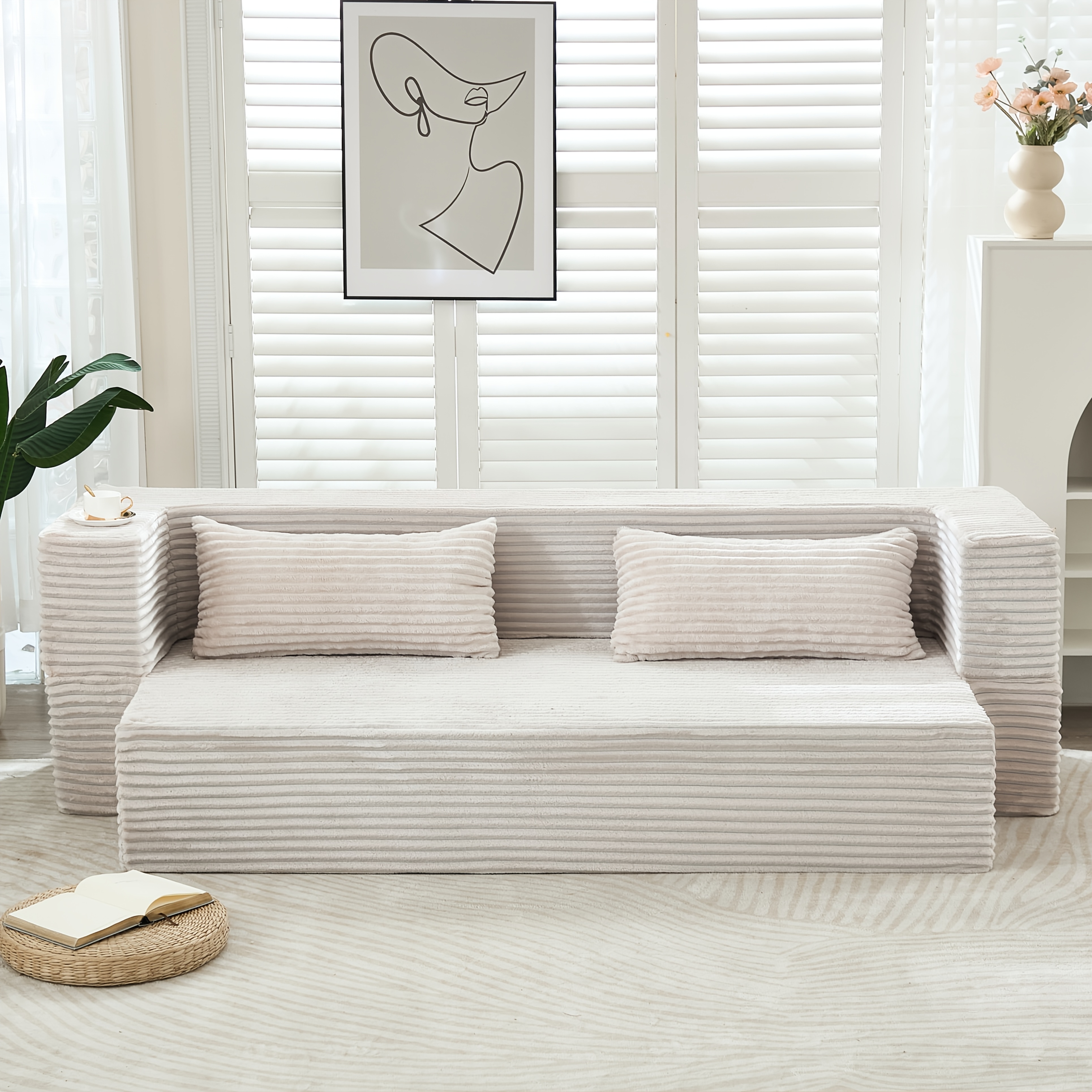 Image of 78" Floor Futon Sleeper Sofa Bed Love Seat With Pull-out Bed, Corduroy Boneless Compression Memory Foam, Comfy Lounge Couch Chair For Living Room, Bedroom, Apartment, Office, No