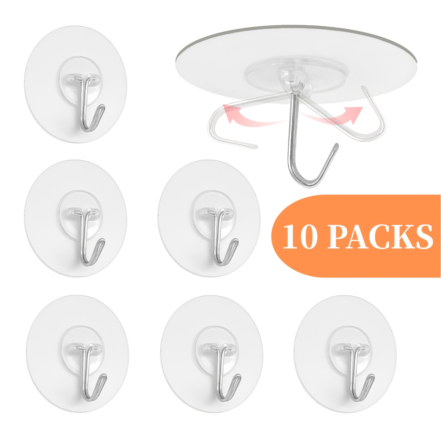 Image of 10pcs Contemporary Style Heavy Duty Wall Mount Hooks, Transparent Plastic, 180 Degree Swivel Stainless Steel Hooks, Reusable, Waterproof, With 33lb , For Kitchen & Bathroom, Home & Party Decor