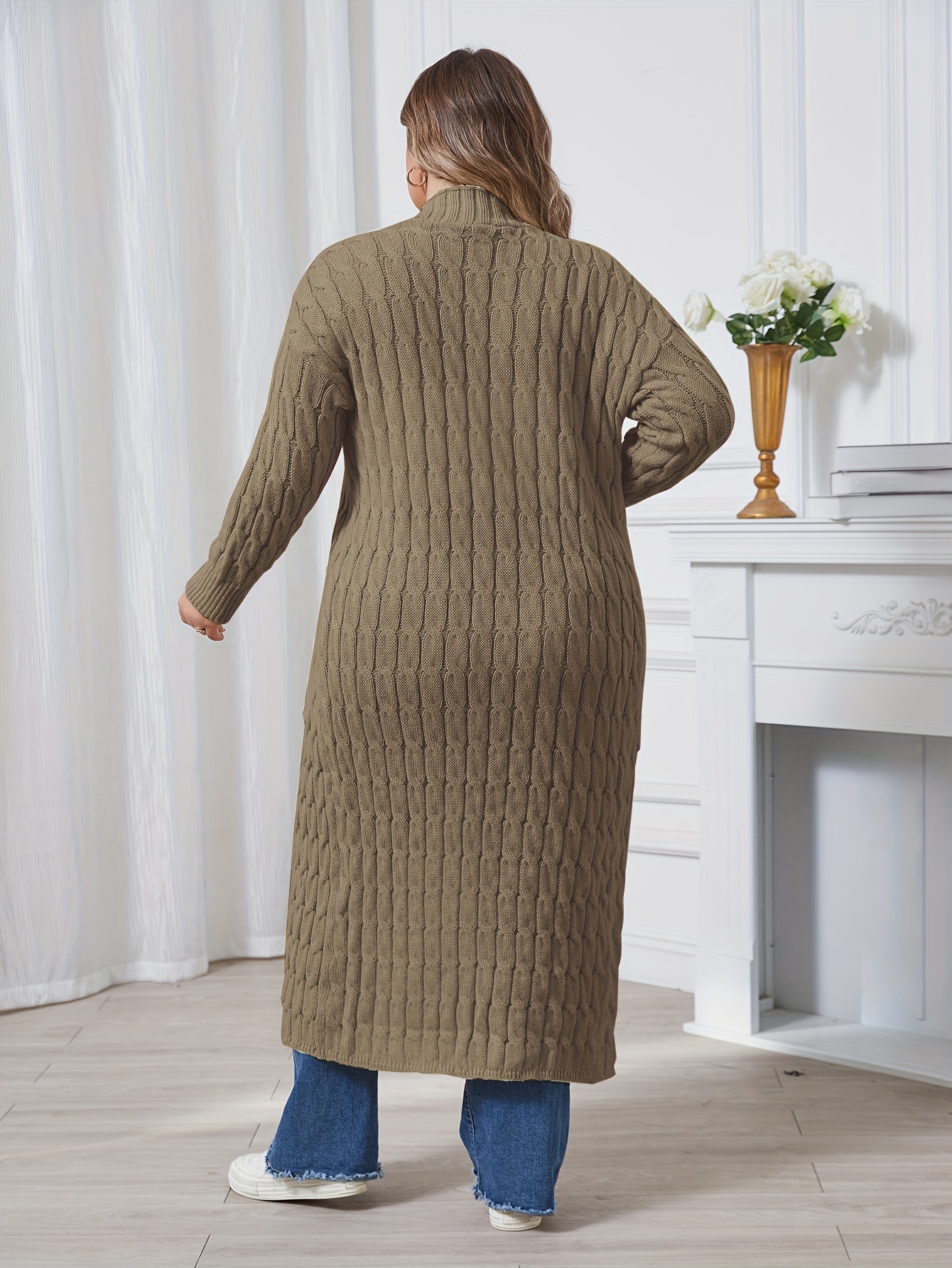 Plus Size Casual Cardigan Women's Plus Cable Knitted Long - Temu Canada