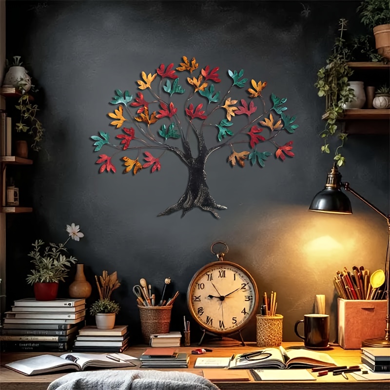 TEMU Décoration Murale Métallique Arbre de Vie - Structure en Fer Solide, Sculpture Moderne de 15,75 Pouces de Haut avec Feuilles Colorées , Rouge,