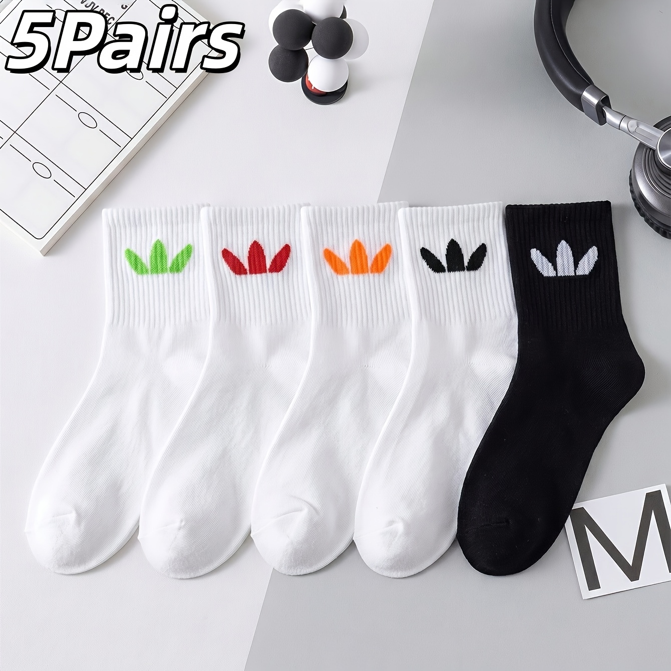 TEMU 5-pair Pack Embellished Suitable For , High-elastic Ribbed Non-slip Cuffs, Breathable Sweat-wicking Korean Style, Sports, Gym, Commuting Socks