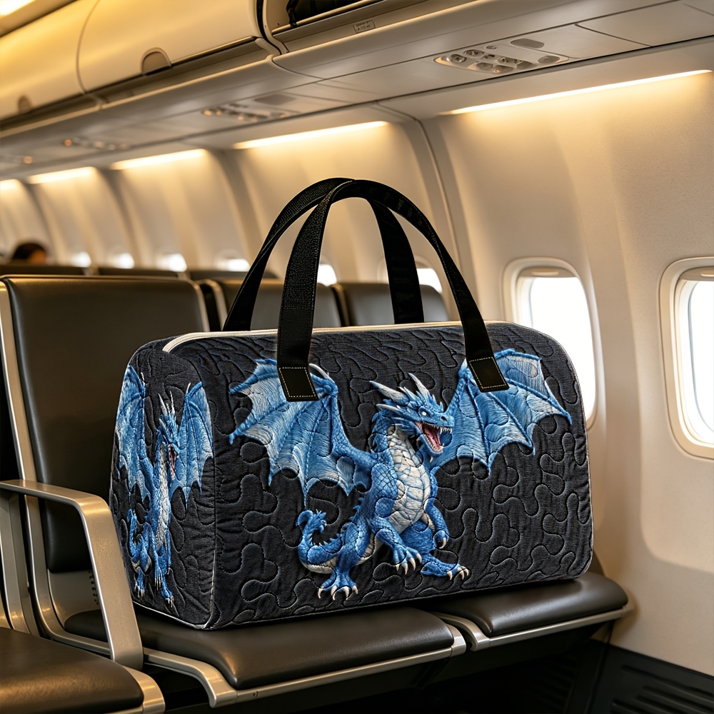TEMU 1pc Quilted Cylinder Travel Bag Luggage Blue Dragon Multi Functional Zipper Closed Vacation Luggage Bag, Travel Tote Bag, Handbag Storage Bag,
