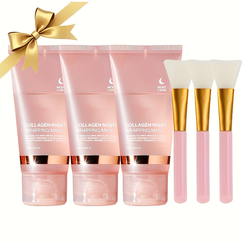 Image of 3pcs Collagen Night Graping Mask With Niacinamide & Hyaluronic Acid - Deep Moisturizing & Firming, Ceramide-infused For Soft, Skin, Paraben-free, Suitable For Types, 75ml*3 + Bonus Face Mask Brush