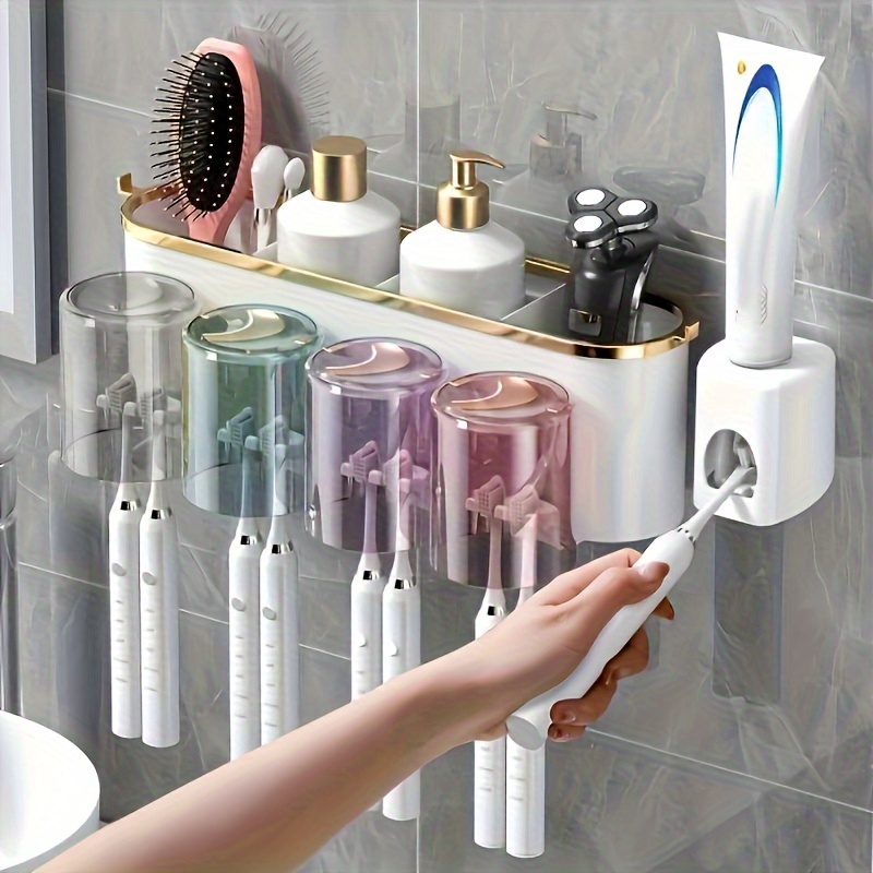 

Toothpaste Dispenser With Toothbrush Holder, Wall Mounted Toothbrush Storage Box With Cup, Space Saving Toothbrush And Cup Bathroom Rack, Bathroom Accessories