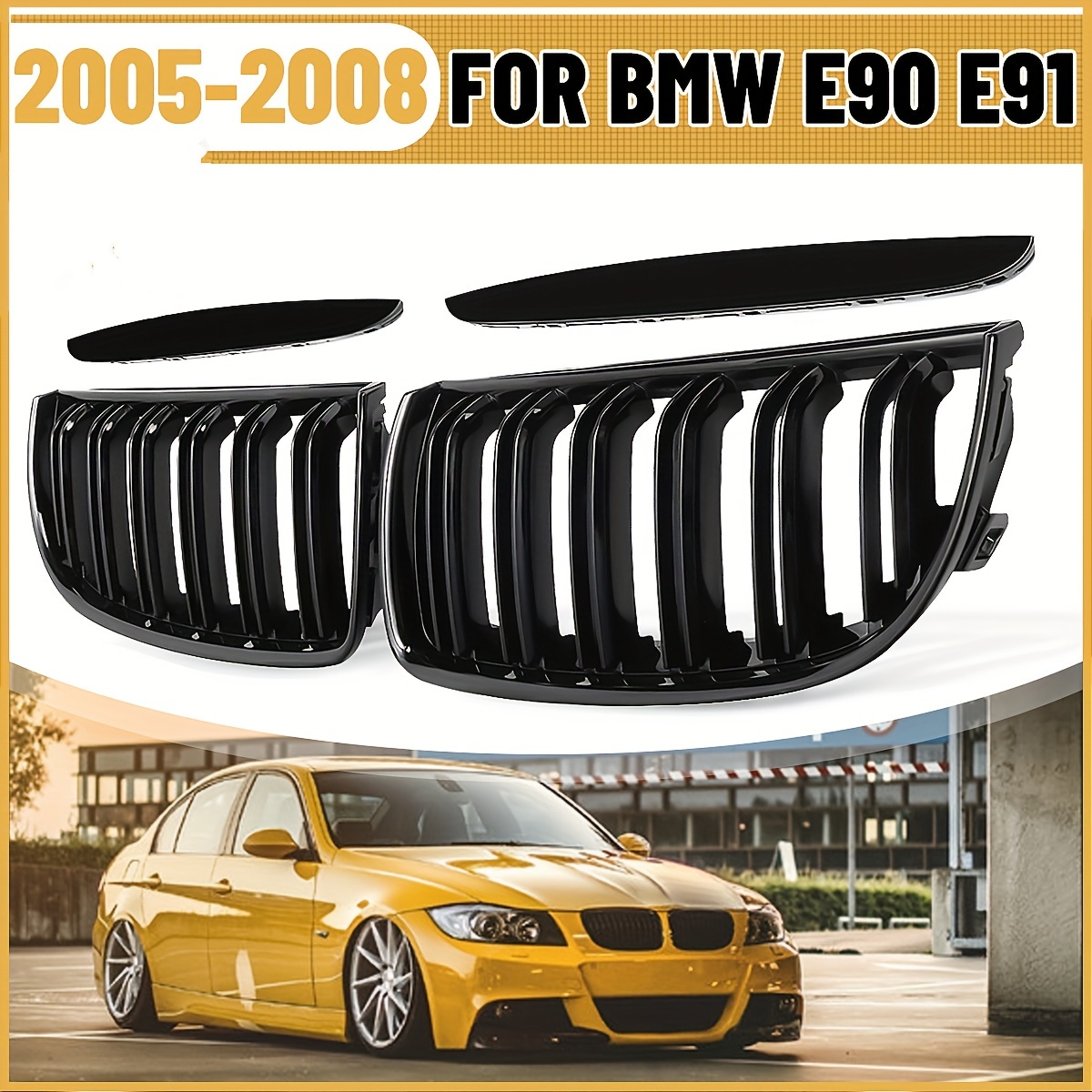 

For Bmw E90 E91 Pre-facelift 2005-2008 Racing Grille Covers: Black, Double Slat, Abs Material, Polished