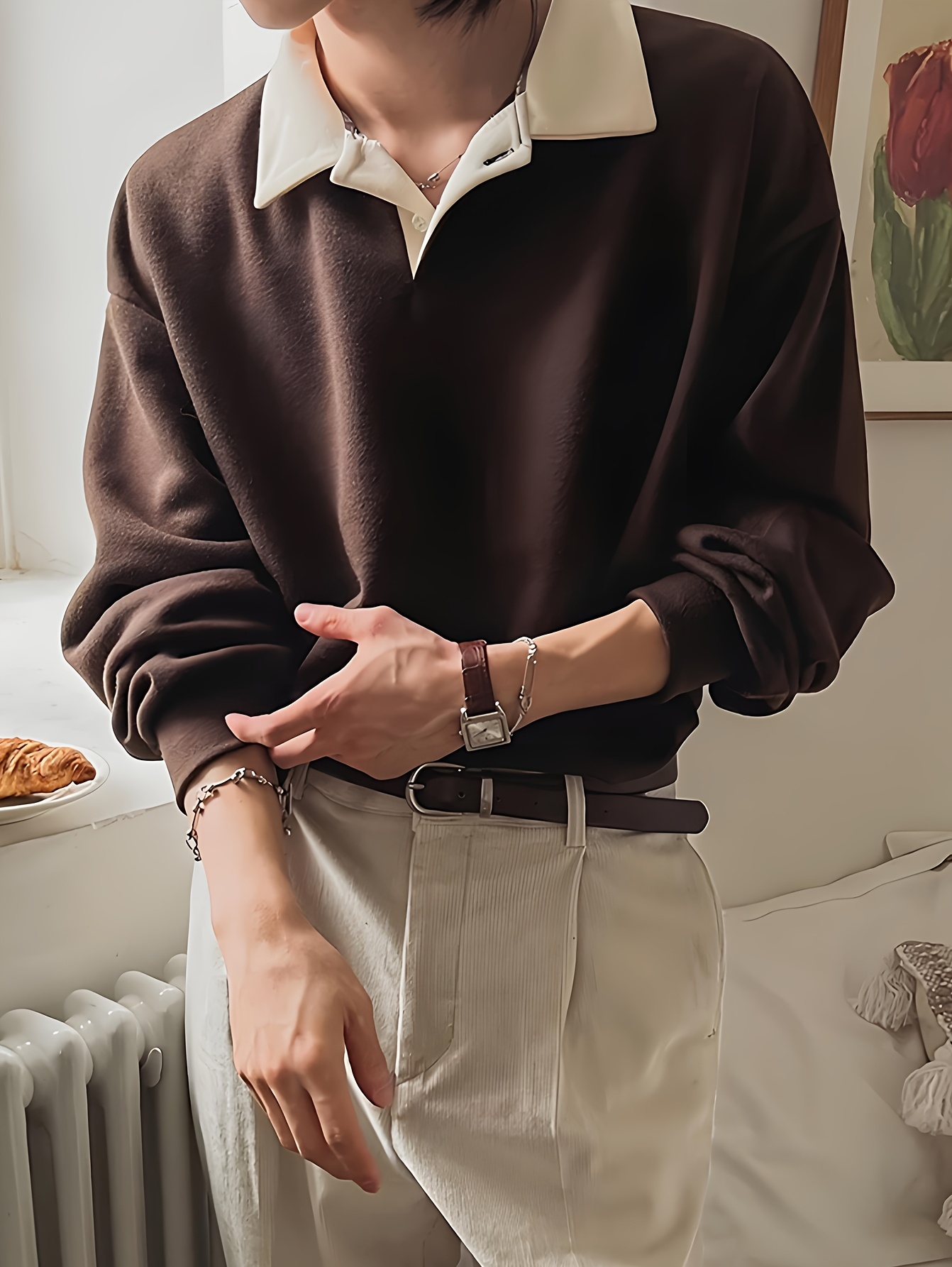 Spring/Autumn Vintage Pullover Top with Color Block * and Lapel *'s New  Korean Style Relaxed Fashion Trend, Versatile and In Stock