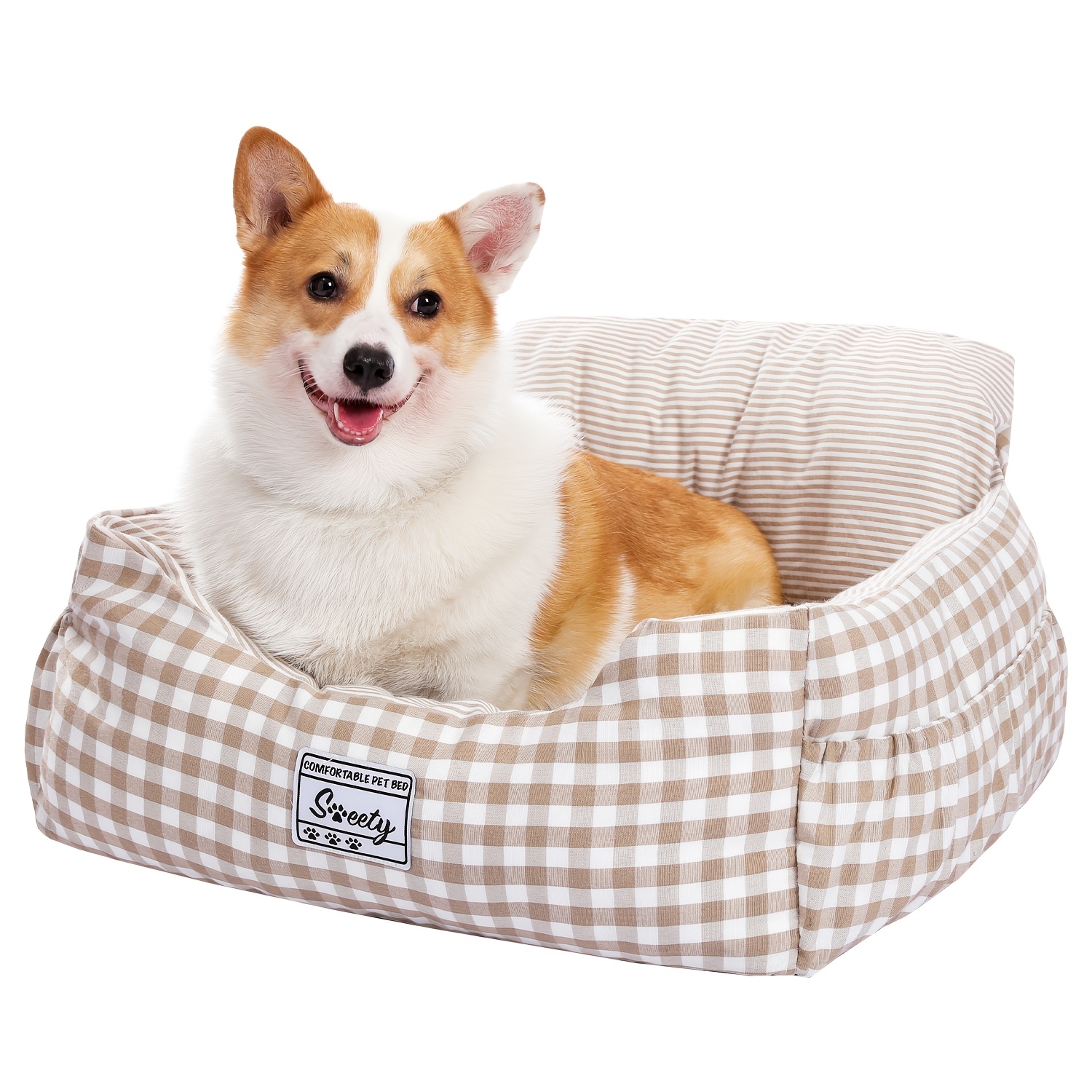 Image of Road Adjustable Dog Booster Seat With Sturdy Seatbelt & Carrier - Non-slip Base Suitable For Small To Medium Dogs, Soft Car Seat For Travel, Beige Plaid For Suvs, Sedans
