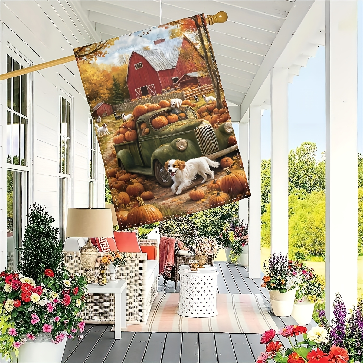 TEMU 1 pièce, Drapeau de Jardin Automne Ferme Chiot Citrouille_4 28x40 pouces double face, décoration de jardin, décoration extérieure, pelouse,