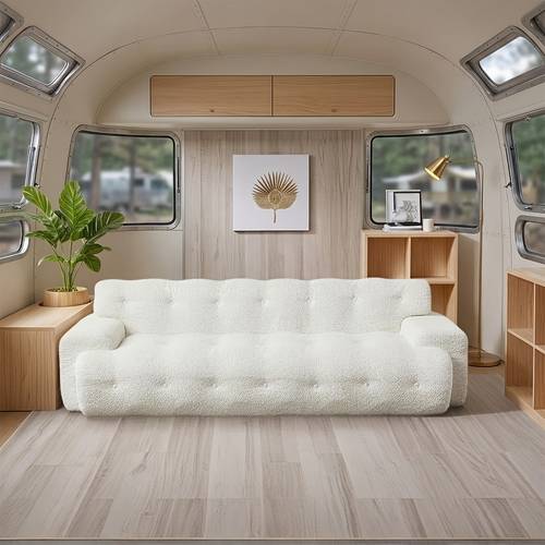 88 rv boneless chenille 3 seater sofa minimalist upholstered couch with button tufted design and square armrest comfortable furniture for rv apartment and living room white