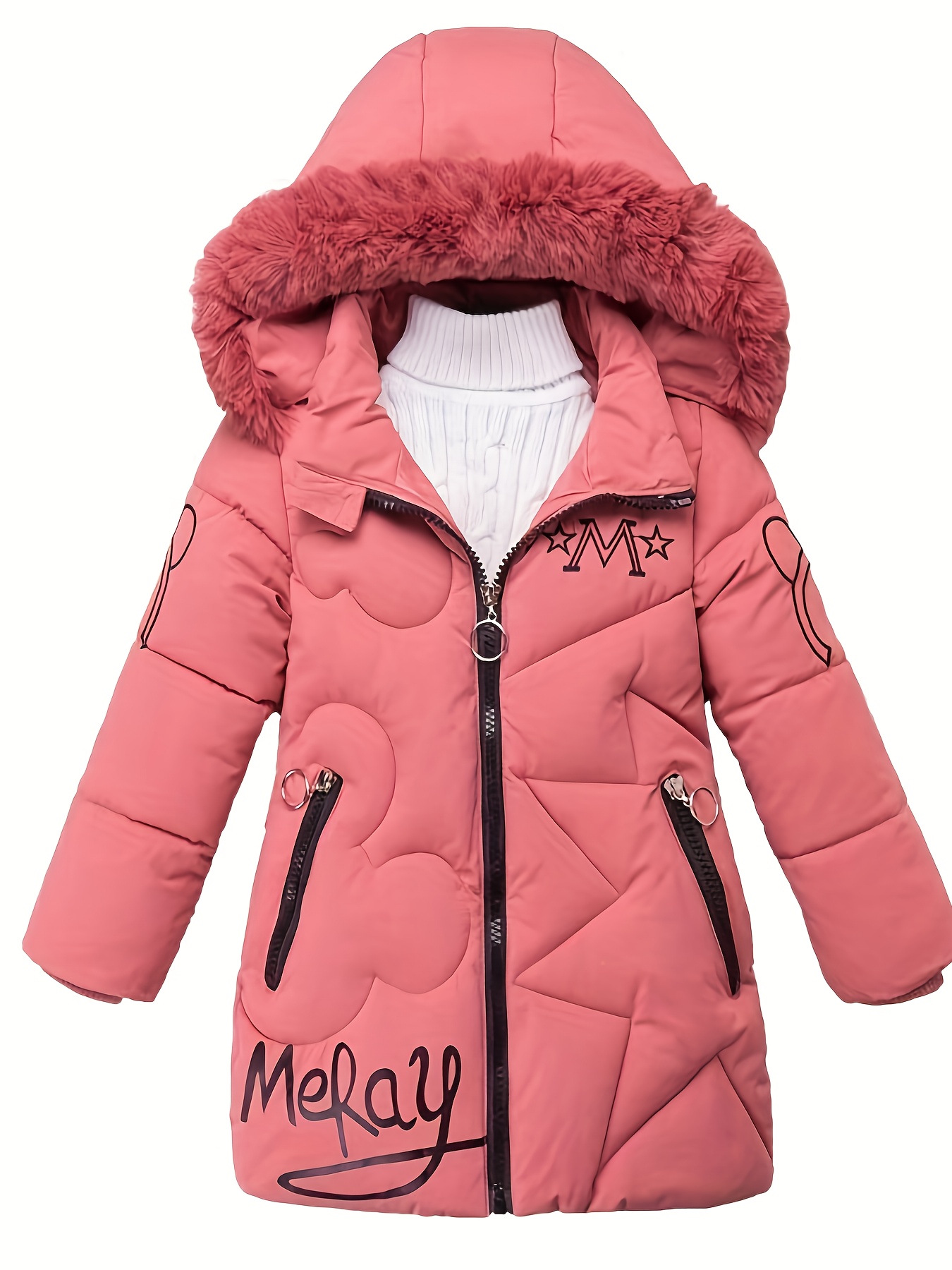 Meisjes Winterjas - Verdikte Halflange Parka met Capuchon, Paars & Cartoon Print, Ritssluiting aan de Voorkant - Machinewasbaar Koude Weer Jas voor Peuters & Kinderen, Warme Winter Bovenkleding voor School, Speeldata & Casual Uitjes, Meisjeskleding