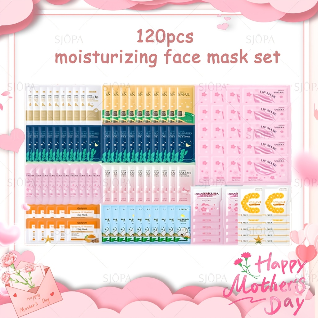 TEMU This Set Of 120 Moisturizing Face Masks Includes Cherry Lip Masks, Turmeric Clay Masks, And Cherry , Snail, Seaweed, And Sleeping Masks. A Perfect Gift For Valentine's Day Or As A Party Favor.