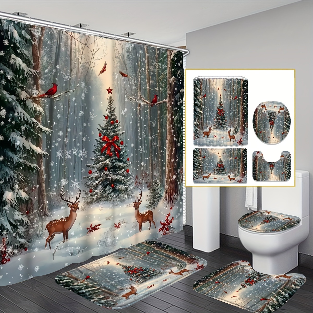 

[] 1/4pcs Christmas Shower Curtain Set, , And Red , Red And , Polyester , , Includes 12 , Bath Mat And U-shaped