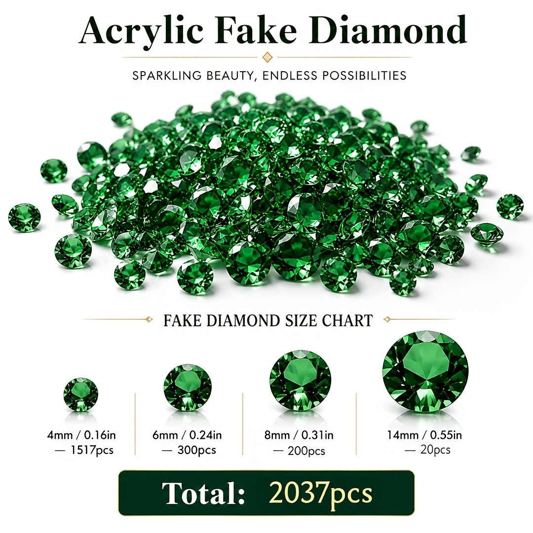 TEMU 2037pcs Acrylic Green Fake Diamonds, Vase Filling, Home Decoration, Outdoor Garden Decorations, Shower Decorations, , Halloween Decorations,