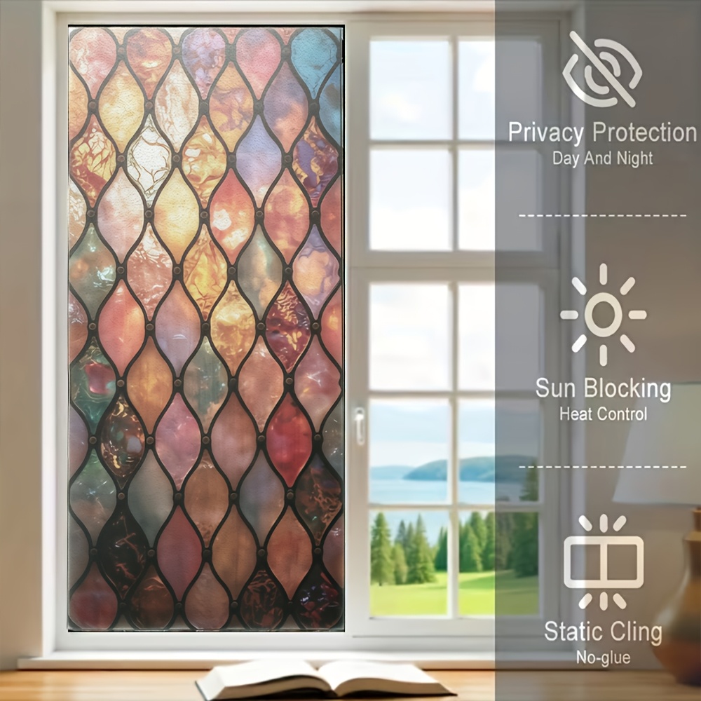 TEMU 1pc Large Bohemian Stained Glass Window Film Suitable For Privacy Thermal Insulation, Static Cling Pvc Window Covering With Glass Panels, Easy &