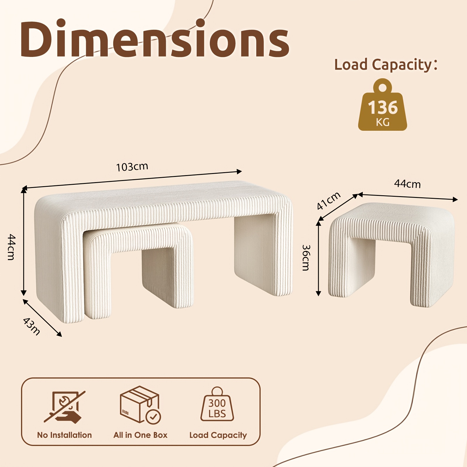 TEMU Ensemble de tabourets de avec un design courbé moderne, comprenant un banc long rembourré et tabourets, de supporter jusqu'à 136 kg, , un banc