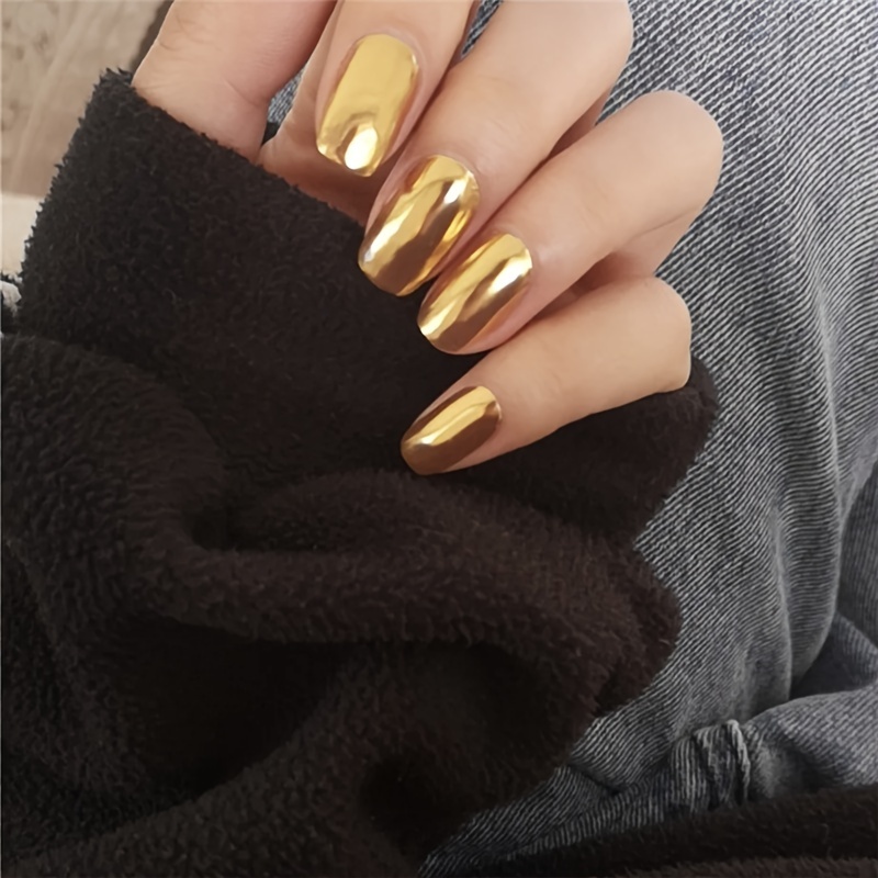 24pcs medium aurora golden press on nails metallic mirror effect fake nails full cover false nails for women and girls details 2