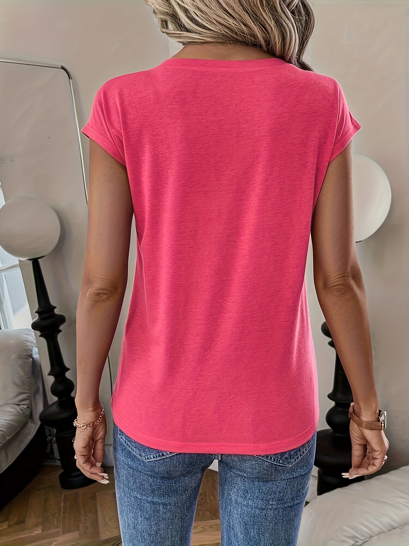 Women'S Casual V-Neck Top - Short Sleeve, Solid Black, Stretchy & Breathable Polyester Blend, Perfect for Spring/Summer/Fall, Versatile Clothing | Vneck Design | Construction
