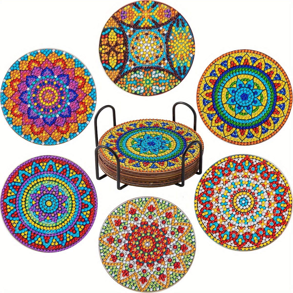 

6-pack Diamond Painting Coasters With Stand, Diy Mandala Diamond Art Coaster Set, Round Floral Diamond Craft Kit For Drinks, Beginner Friendly With Wooden Material