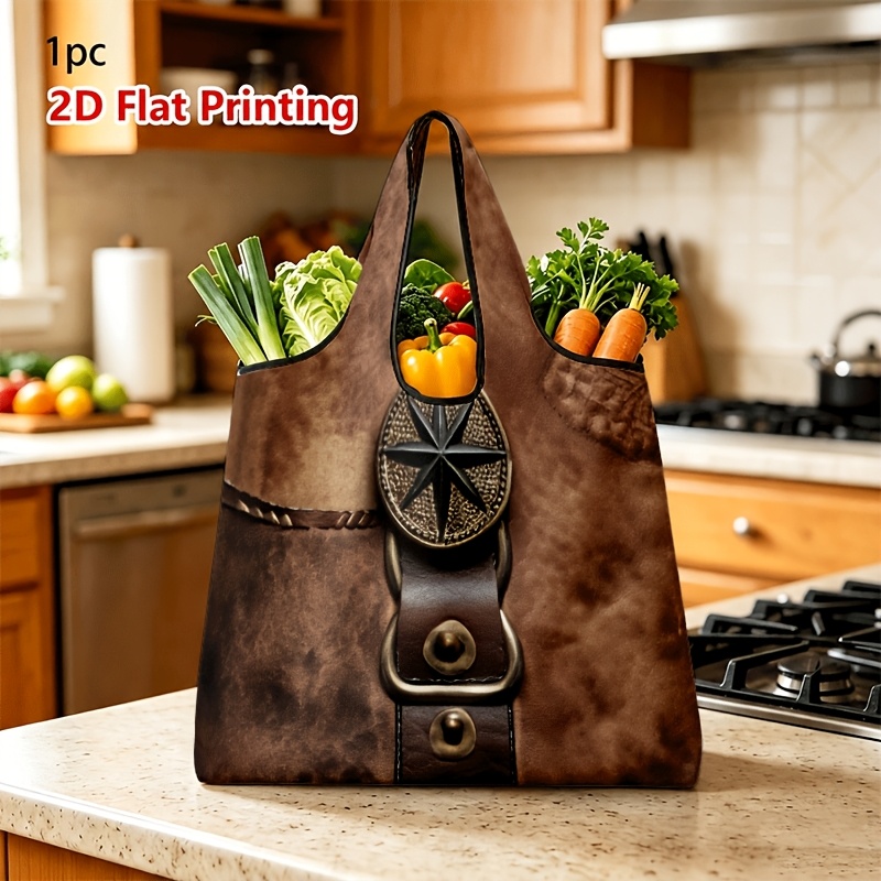 TEMU 1pc 2d Flat Unisex Large-capacity Shopping Tote Bag, Vintage Western Style Faux Leather And Star Emblem Printed Tote Bag Unisex Daily Grocery