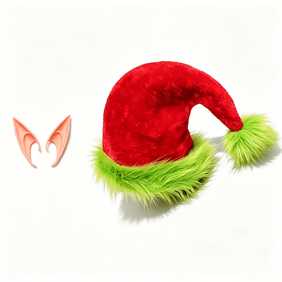 TEMU -style Christmas Elf Hat And Elf Ears Set, Thickened Plush Curved Trim Santa Hat For Halloween, Christmas, Holiday Parties, Cosplay, And Photo