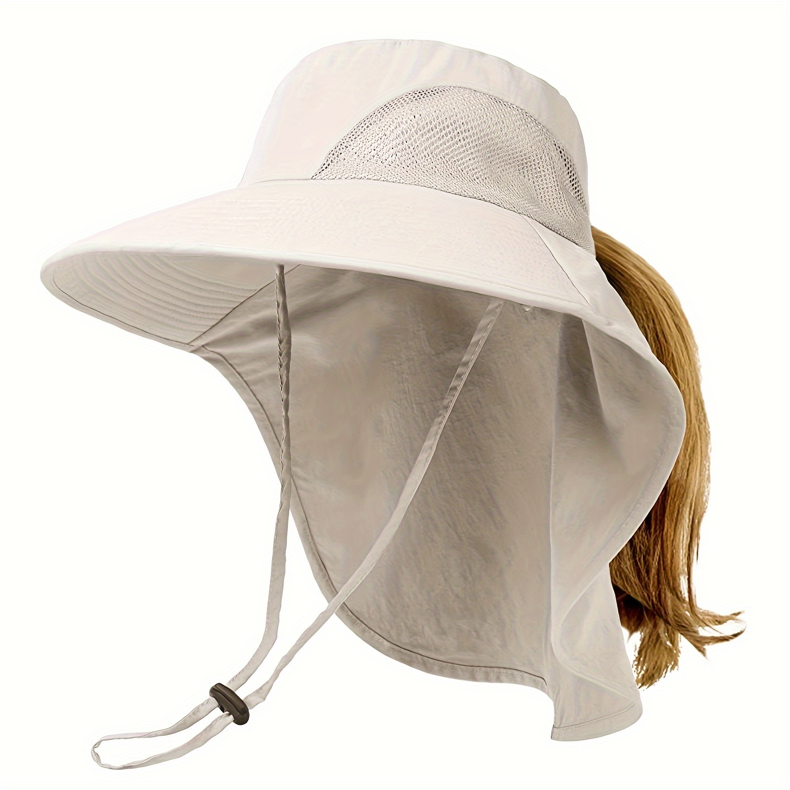 Solid Sunscreen Boonie Hat with Rope, UV Protection Neck Cover Wide Brim Ponytail Hat for Hiking Fishing,Temu