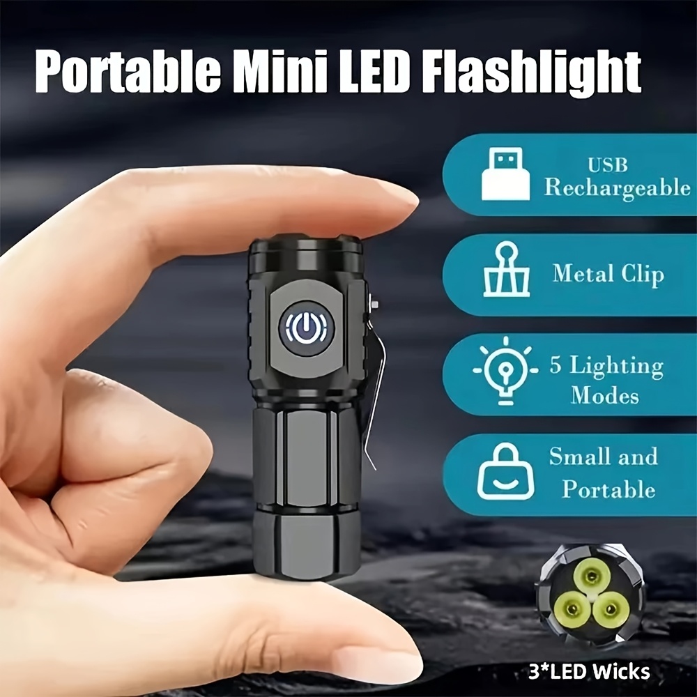 

Compact Rechargeable Led Flashlight With 3-led Wicks, 5 Lighting , Abs, Usb Powered - Travel, Emergencies &