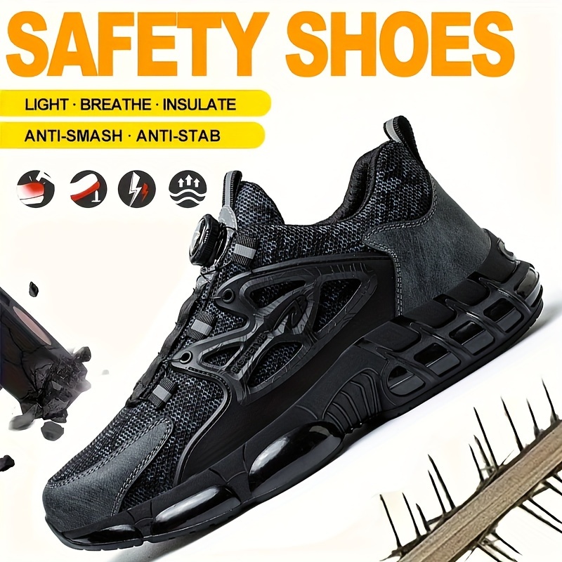 TEMU Men's Plus Size Safety Shoes With Rotating - Steel Toe, Puncture-resistant, Breathable Mesh Upper, Anti-smash & Anti-stab Design, Comfortable Non-slip Work Sneakers For Industrial & Outdoor Use