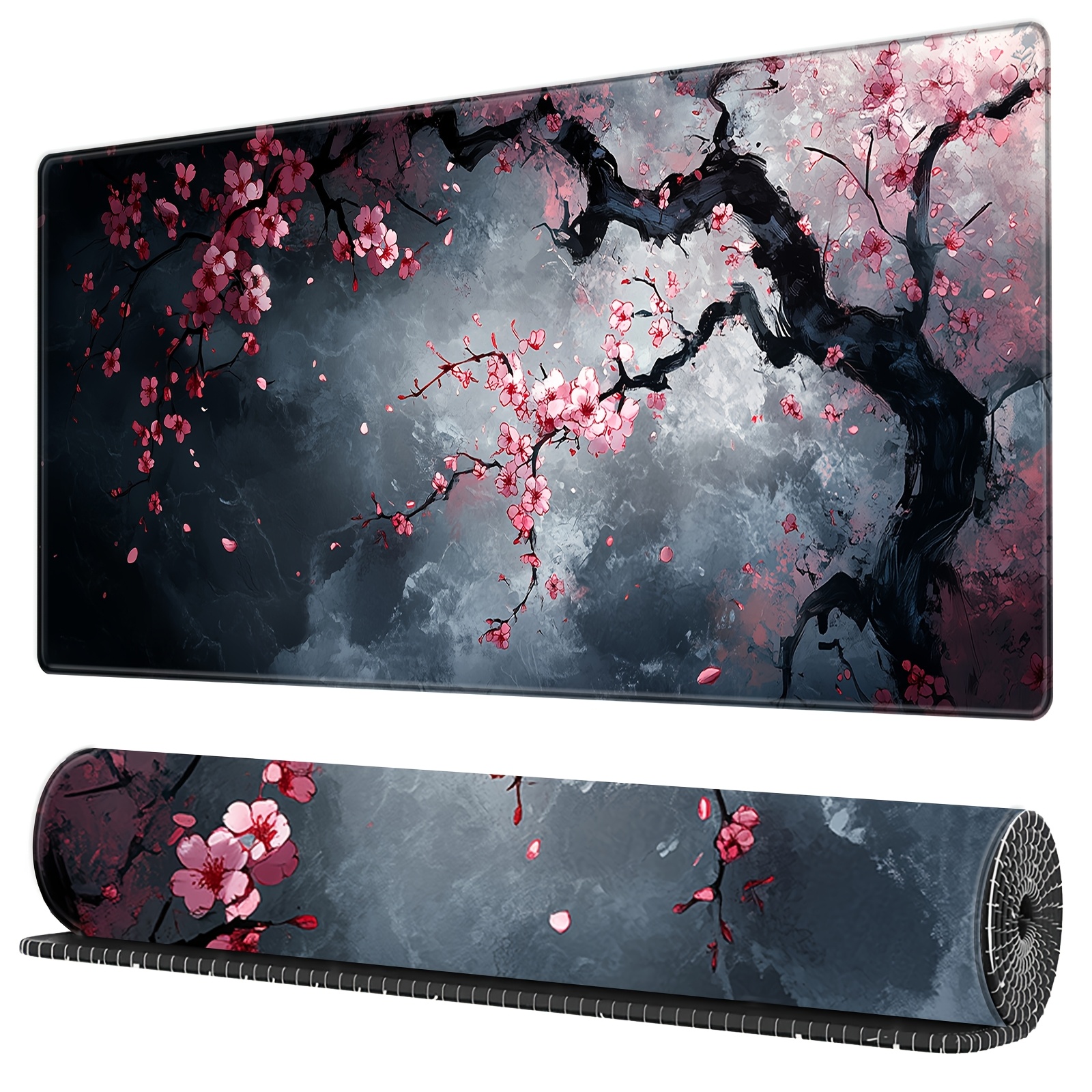 TEMU Cherry Gaming Mouse Pad With Japanese Ink Art Design, Anti-slip Rubber Base & Stitched Edges - Washable Desk Mat For Office Or Gaming Setup
