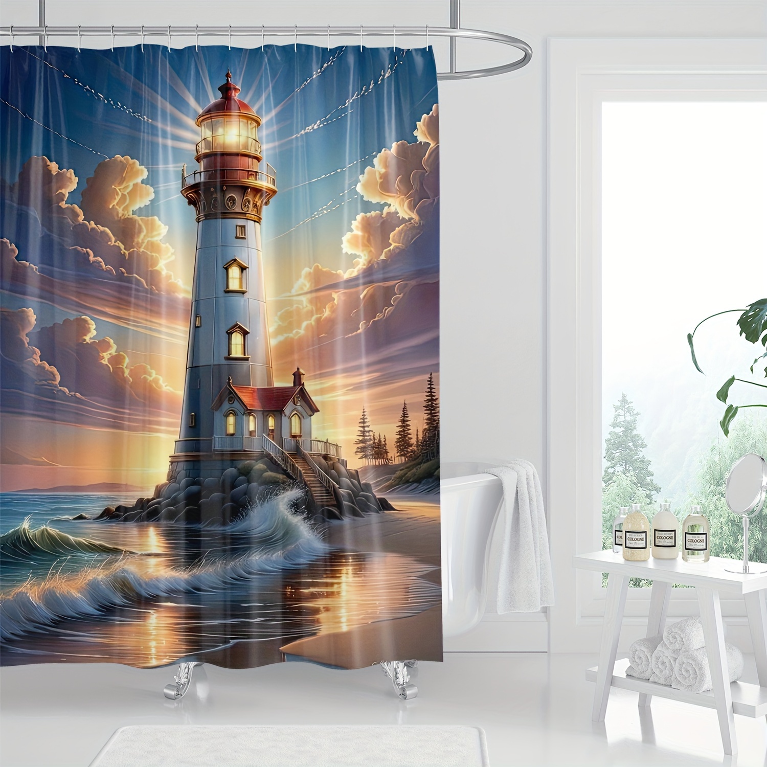 

1pc Lighthouse Ocean Waves Beach Landscape Scenic Digital Print Shower Curtain, Machine Washable, Bathroom Decor