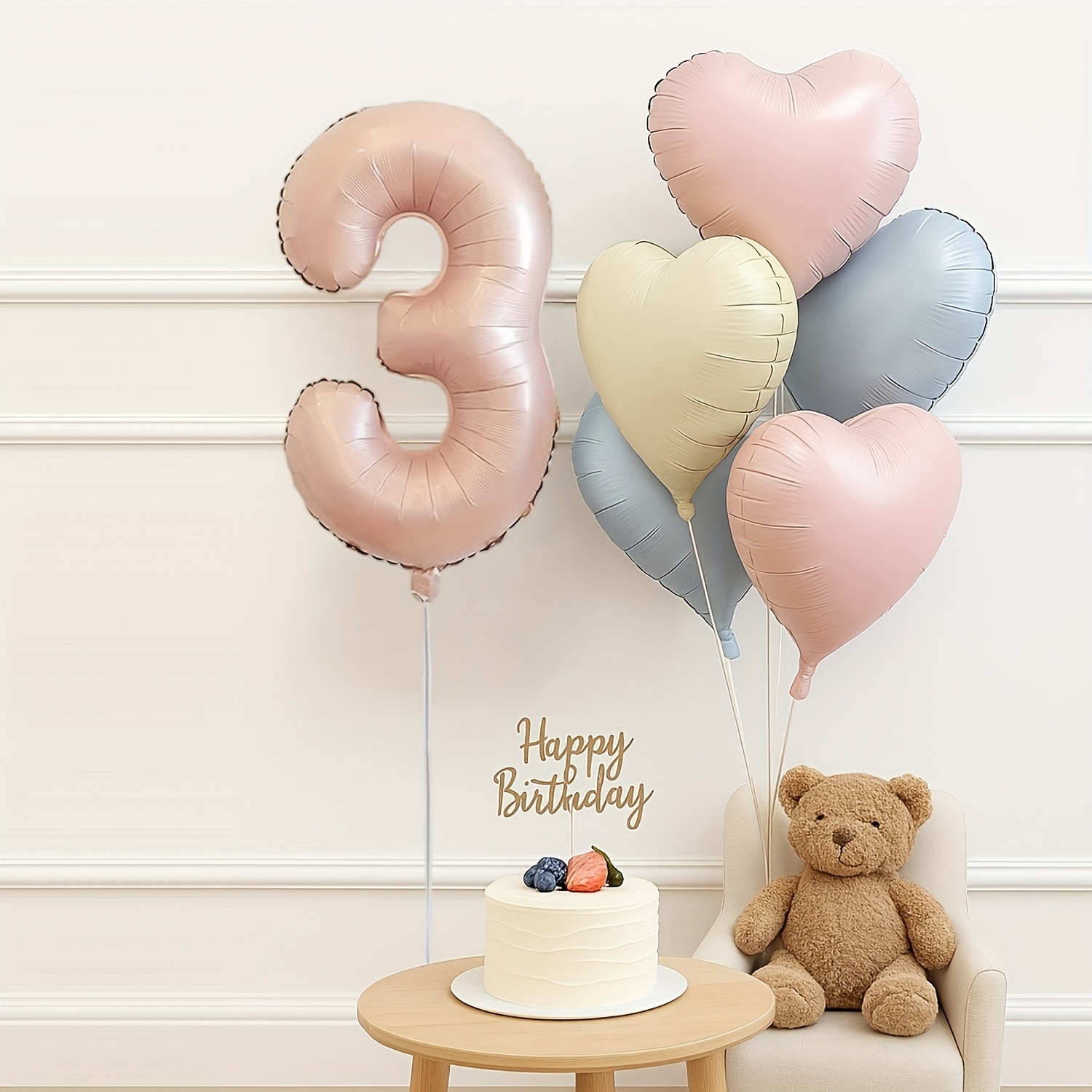 TEMU 6pcs Large Pink Number And White Heart Foil Balloons - Includes 32-inch Pink Numbers (0-9 Optional), 18-inch Pink, Blue, Cream White Heart Foil