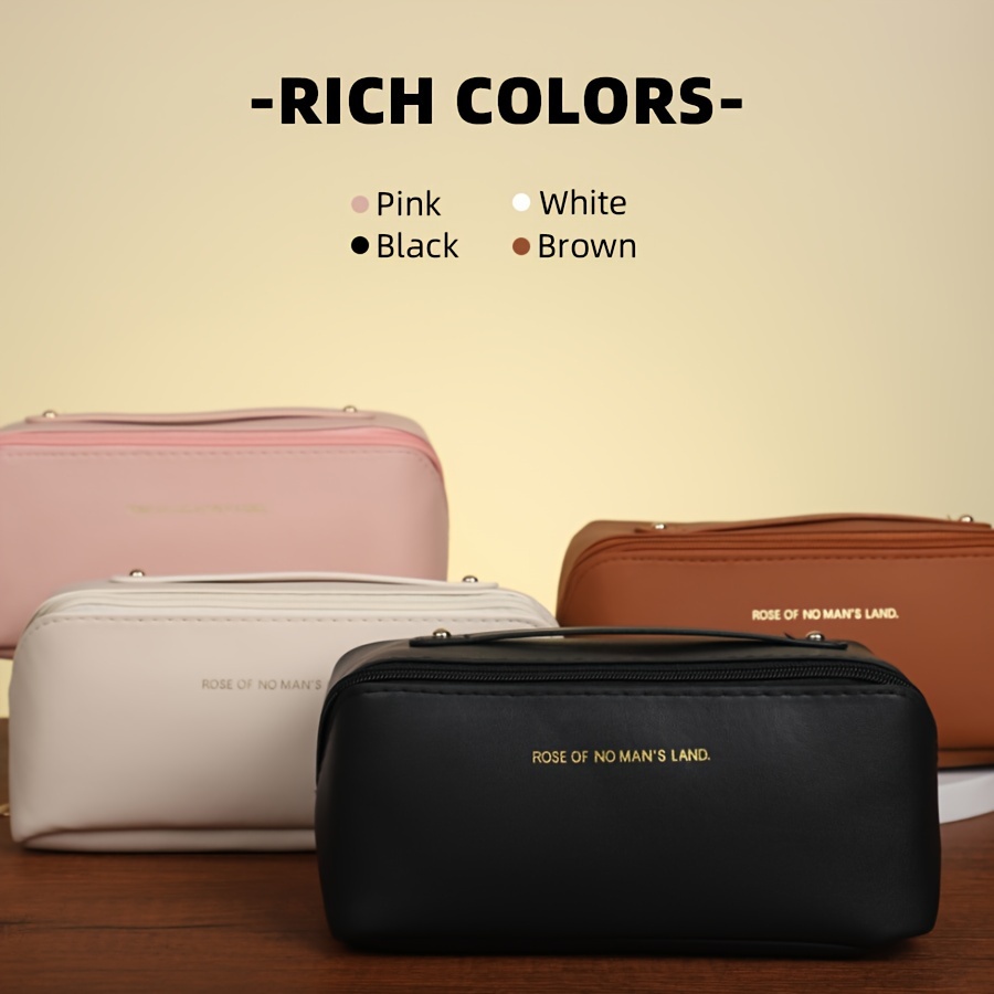 

Portable Soft Pu Leather Makeup Bag, Large Capacity Travel Toiletry Storage Pouch, Casual Style Cosmetic Organizer