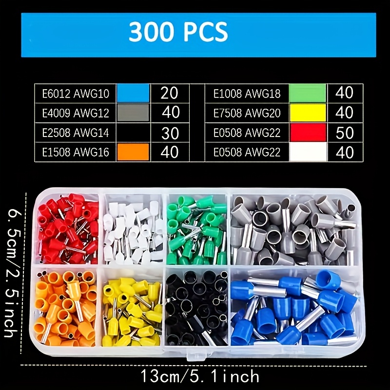 300/1200pcs Wire Terminal Kit Insulated Tubular Ring Terminals Set Copper Insulated Assorted Awg Crimp Connector Assortment