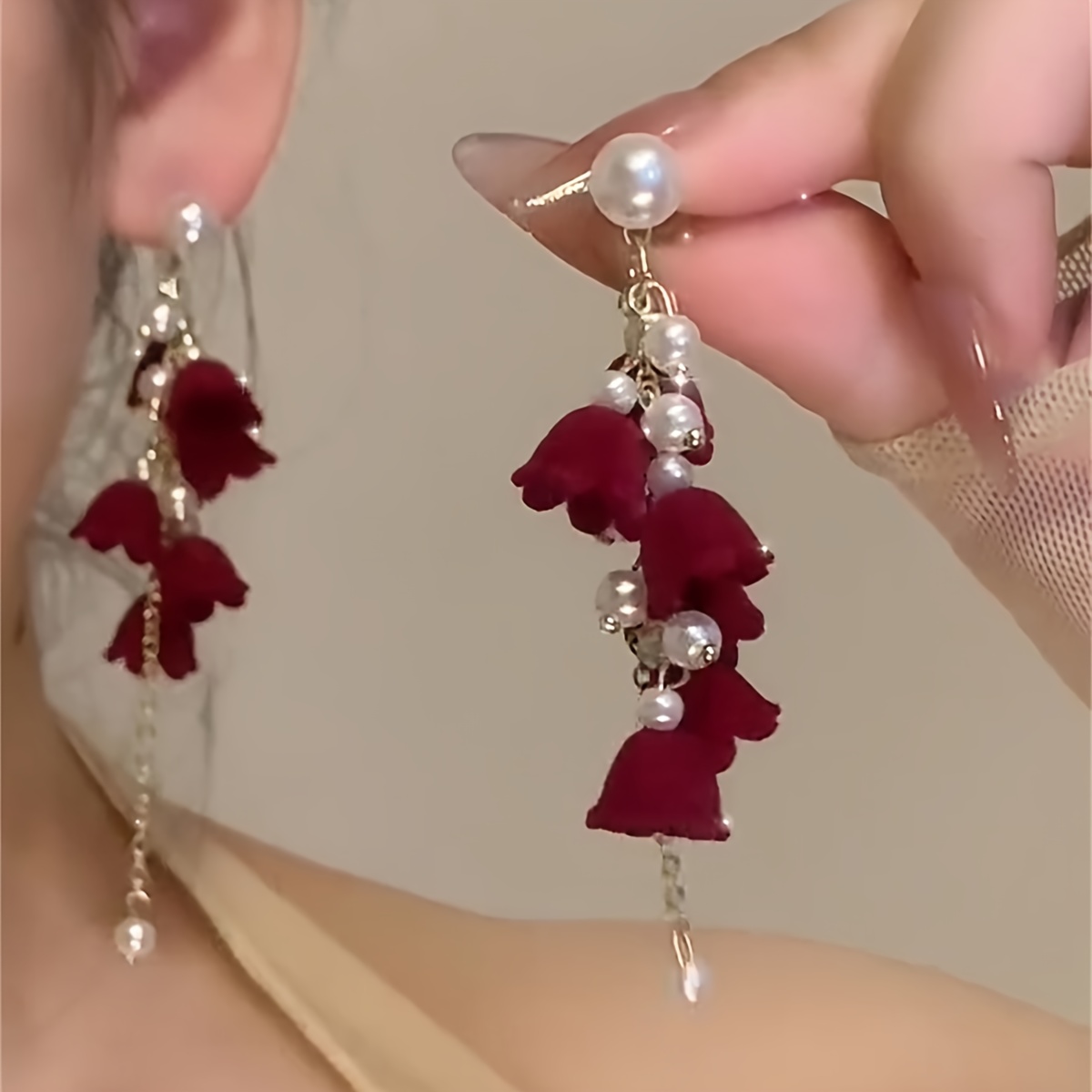1 pair elegant long red burgundy floral dangle earrings - Temu