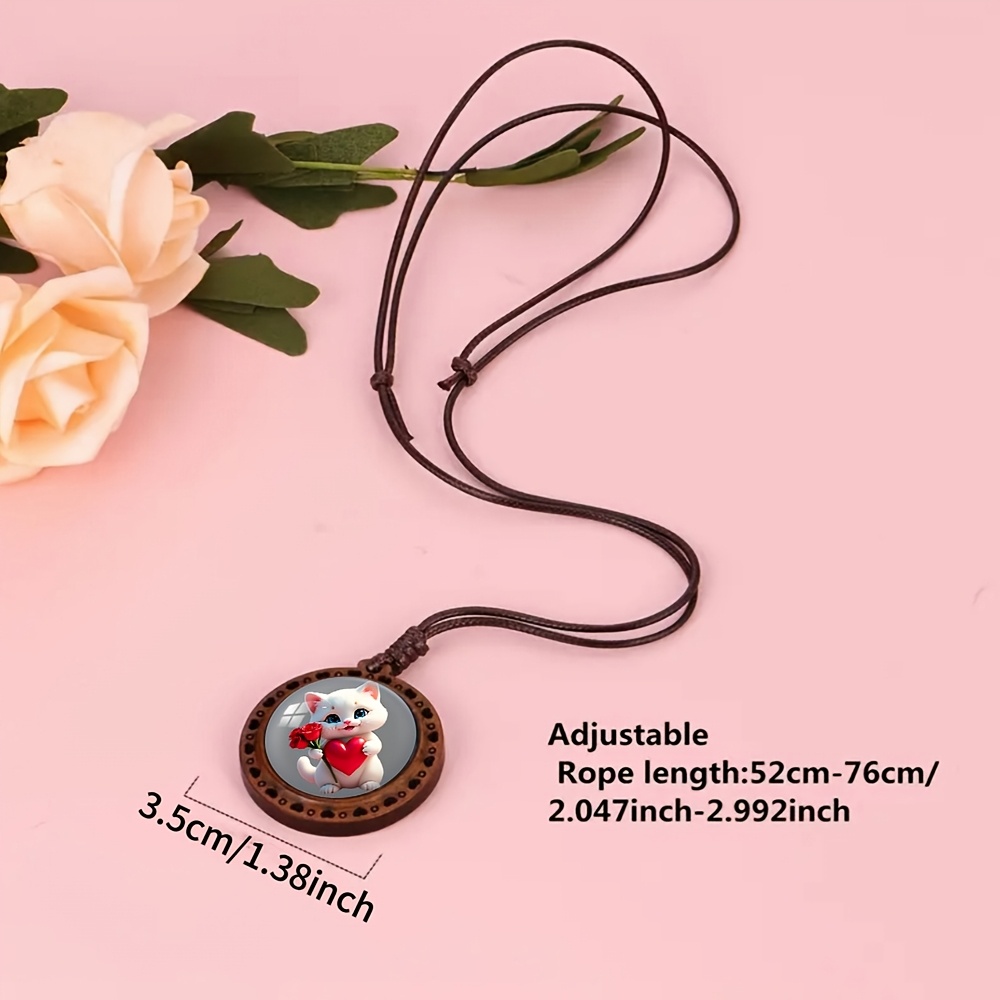 Cute Kitten Heart Rose Wooden Necklace, Adorable Accessory