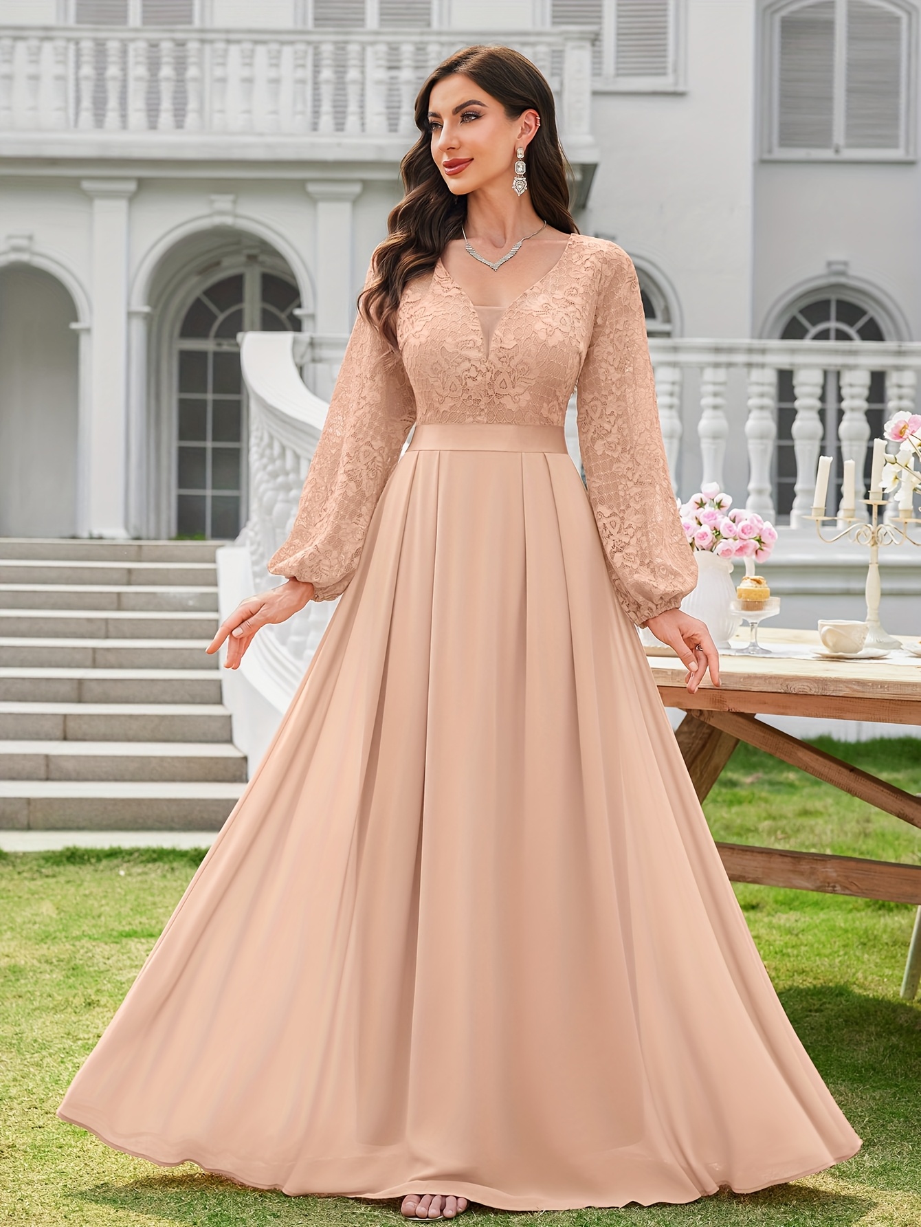 womens elegant v neck lace contrast chiffon lantern long - Temu