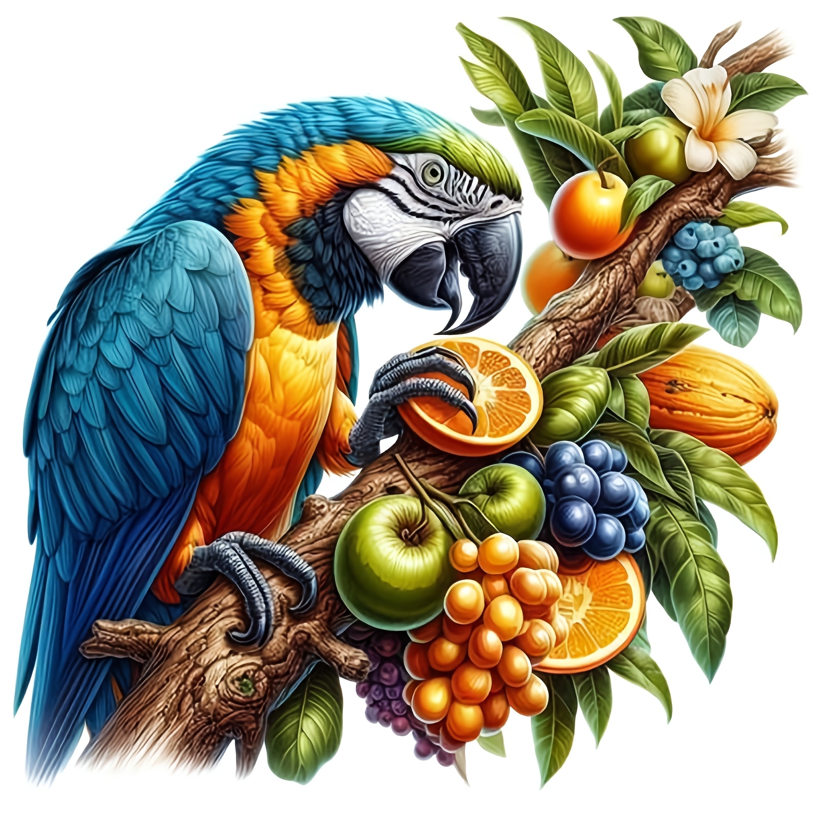 DIY Cross Stitch Print Kit 'Colorful Parrot Perched on Fruit Tree Branch'