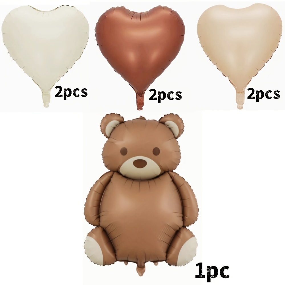 Image of 7pcs Matte Brown Teddy Bear Heart Foil Balloon Set, Self-sealing Mylar Balloons For Wedding, Anniversary, Valentine's Day, Birthday Party Home Decorations