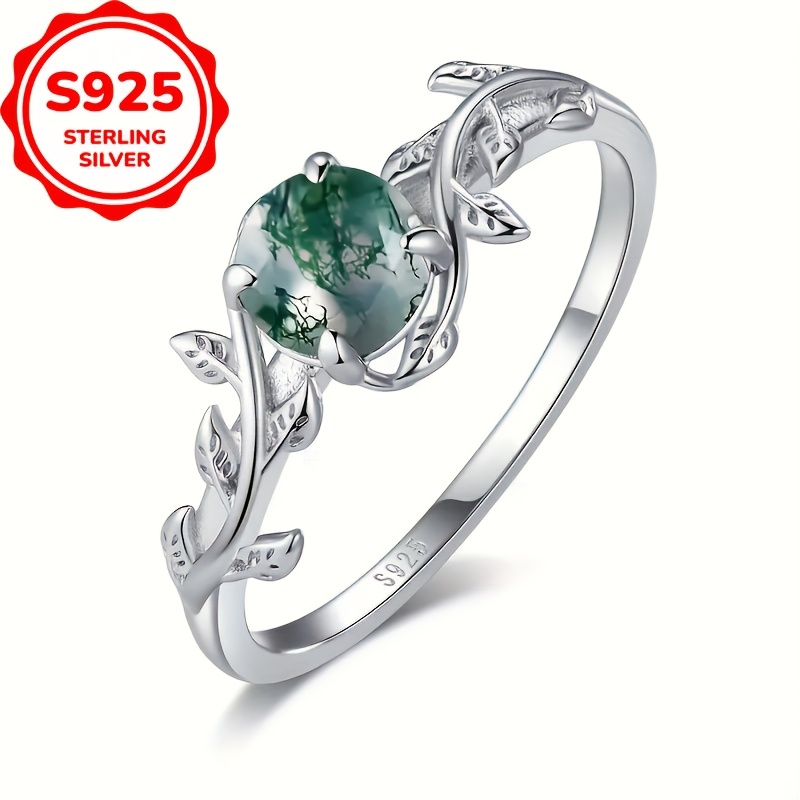 

-chic 925 Sterling Silver Moss Agate Engagement Ring - Vintage Leaf Design Solitaire Wedding Promise Ring, Perfect Gift