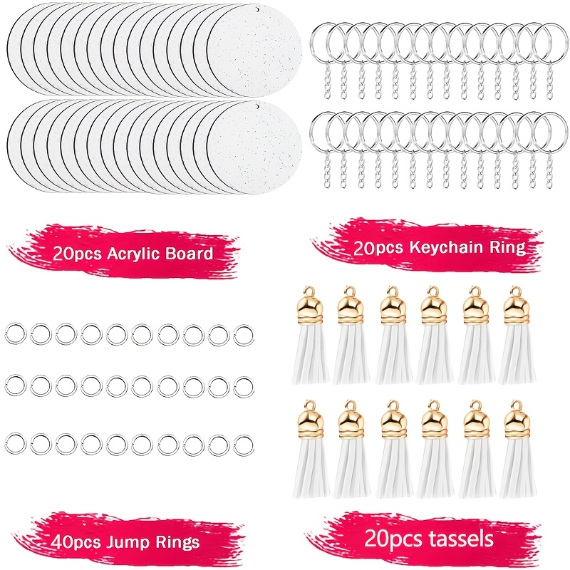 TEMU 100 pezzi/Set Portachiavi Acrilico Vuoto con 20 pezzi 1.97'' Acrilico Glitter Vuoto 20 pezzi Anelli Portachiavi 20 pezzi Nappine 40 pezzi Anelli