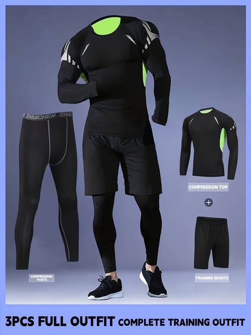 3pcs mens quick drying compression sports suit summer gym running training clothes high elastic breathable morning and night running cycling mountaineering hiking fitness sportswear fishing sun shirt fathers day gifts