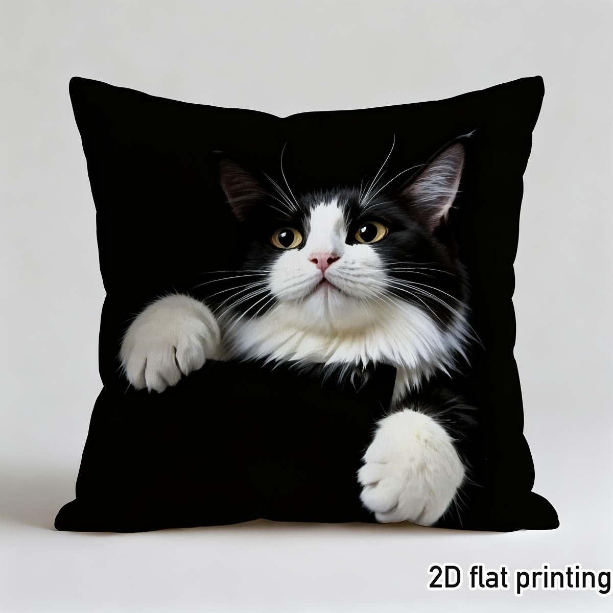 TEMU 1 Short Plush Cute Tuxedo Cat Pillowcase, Black And White Kitten Peeking Out Pattern, Durable Polyester Fabric, Zipper Closure, Sofa Decoration,