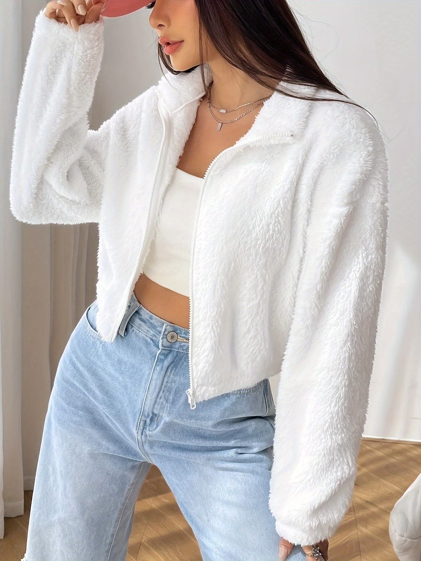 veste teddy zippée de couleur  , manteau décontracté à manches longues et épaules tombantes pour lautomne et lhiver, vêtements pour femmes Détails du produit 0