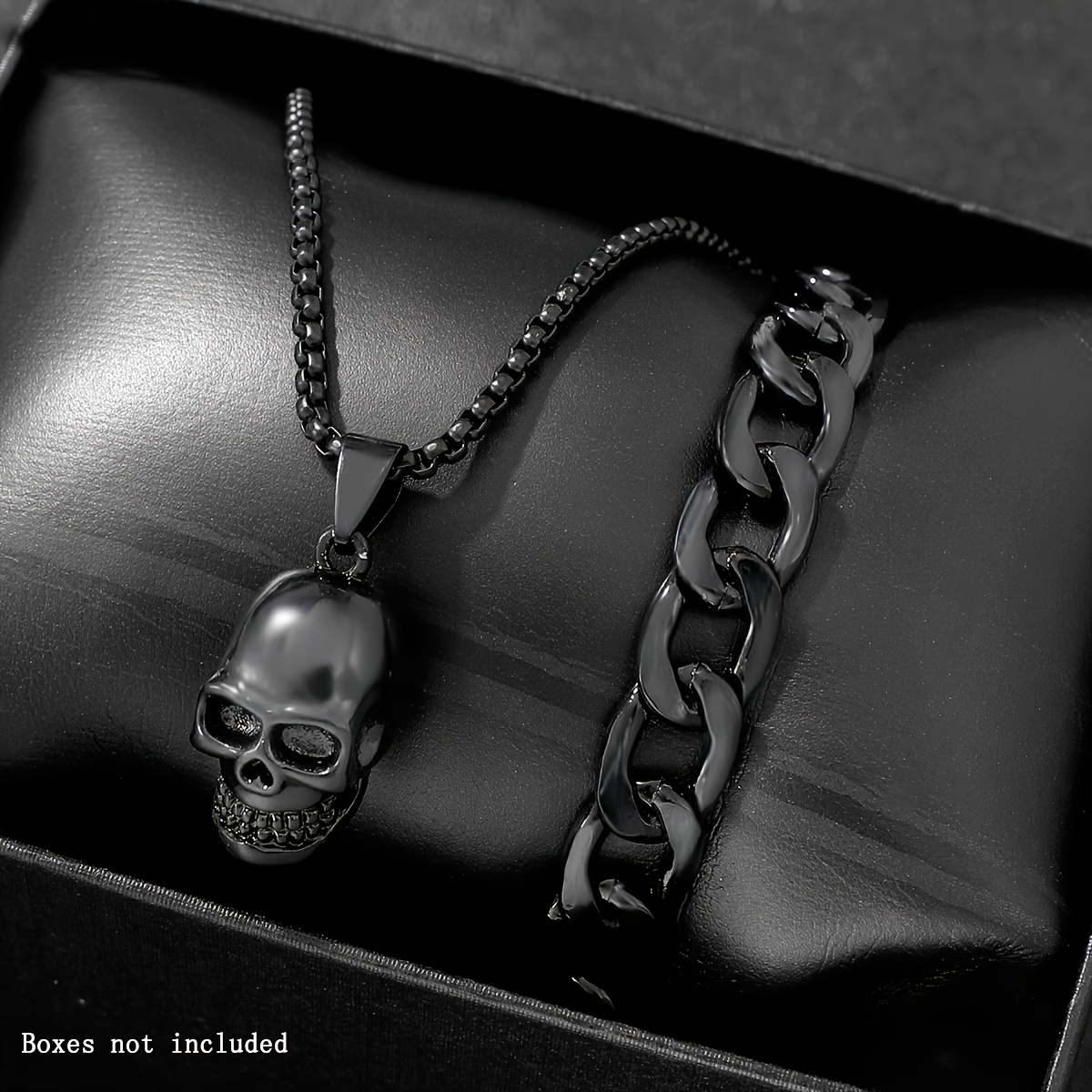 Image of 2pcs/set Of Men's Fashionable Alloy Skull Pendant Necklace+bracelet As A Holiday Gift For Men