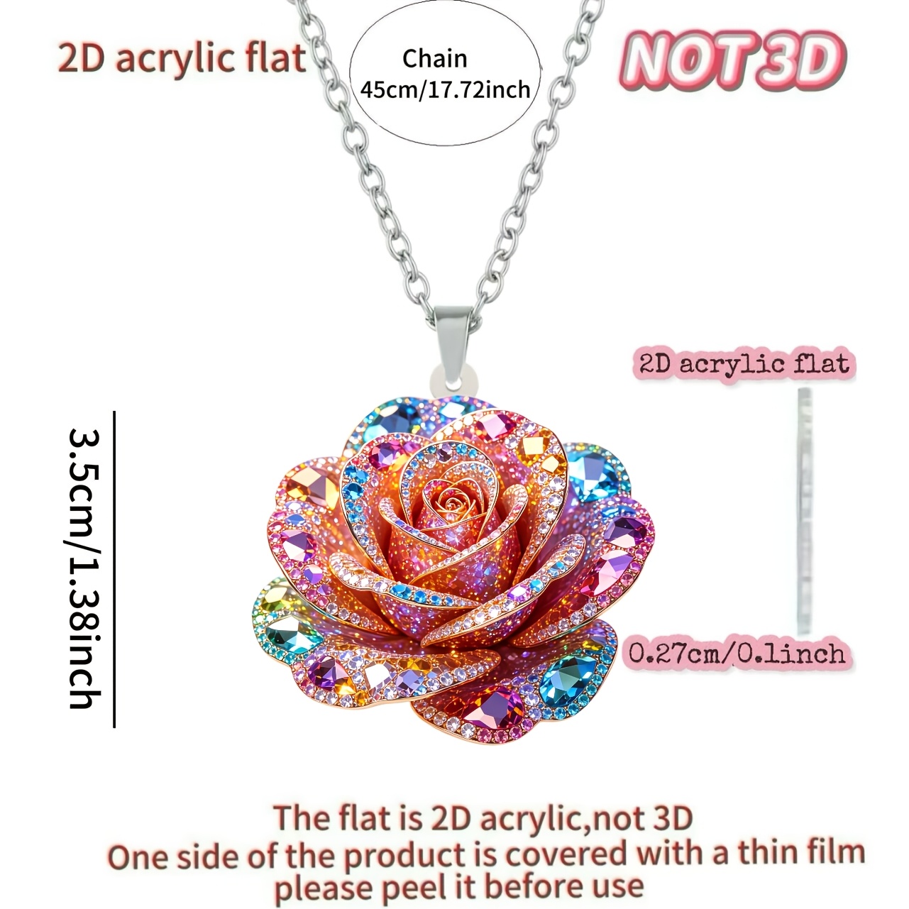 TEMU 2d Flat - [2d Flat] 1pc, New And Necklace, Rose Flower, Acrylic Printed Pattern, Women's Necklace, Fashionable Sweater Chain Pendant, Ideal Gift