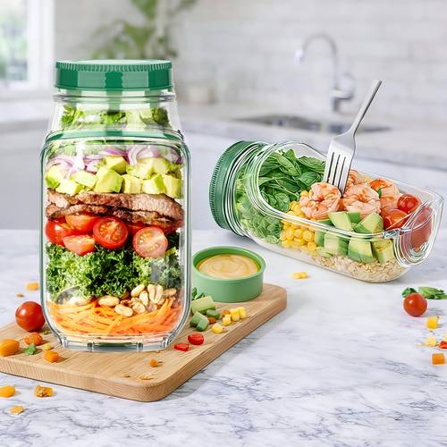 2pcs set bottle inner lid mason jar salad container side opening convenient lunch box with dressing compartment microwave safe dishwasher safe and fridge safe suitable for lunch dinner office and travel practical kitchen gadget